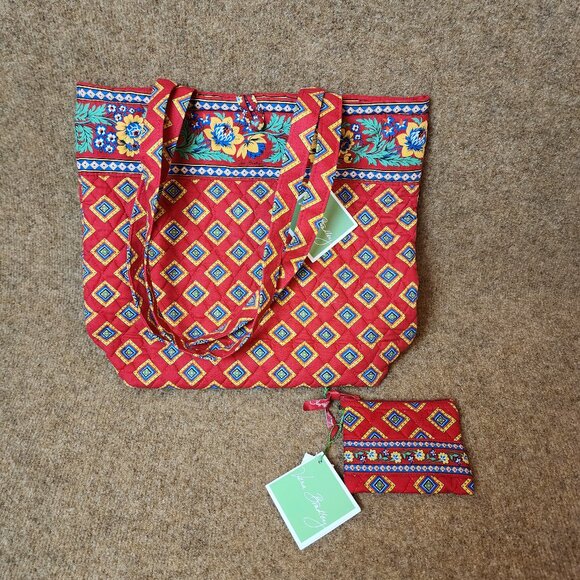 7Pc Vera Bradley Villa Red Tote Wallet Wristlet Checkbook Quilted Handbag Purse - Picture 1 of 11
